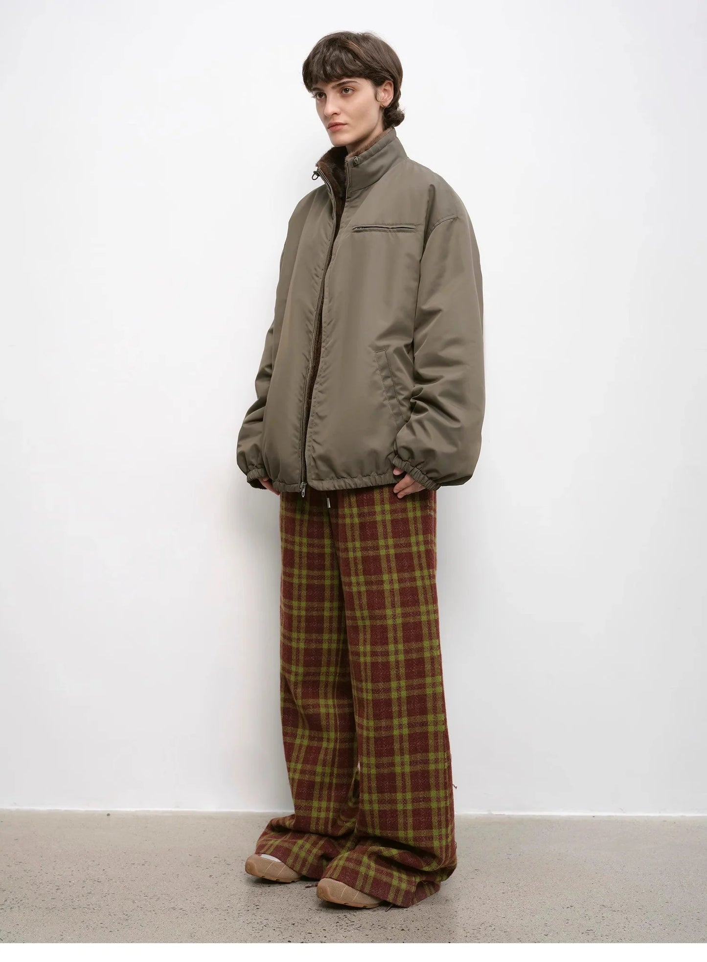 "Vintage Opportunity" High-Proportion Merino Wool Single Pleated Plaid Tweed Low-Rise Wide-Leg Casual Pants