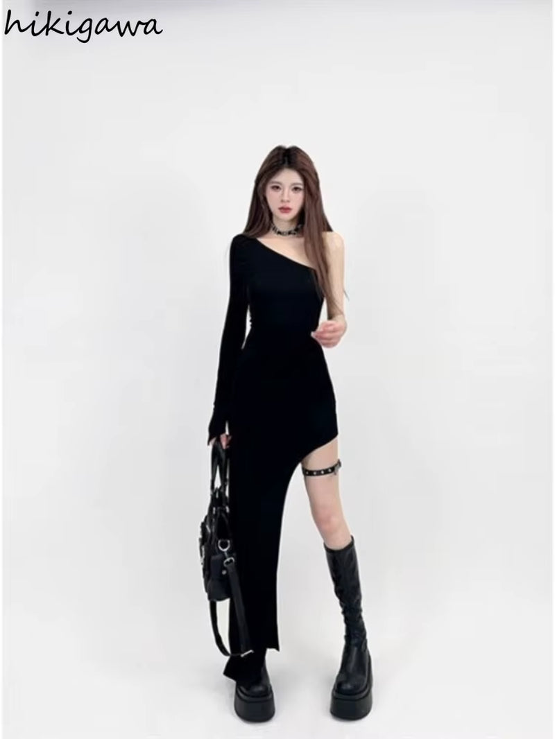 Sexy Black Maix Dress for Women Slim Waist Long Sleeve Split Robe Femme off Shoulder Bodycon Y2K Dresses 2025 Vestidos De Mujer