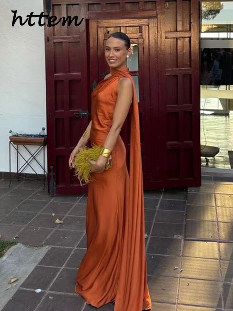 Elegant Ribbon Satin Long Party Dress Women Solid Sleeveless Backless Female Dresses 2025 Spring Summer Lady Chic Evening Gowns