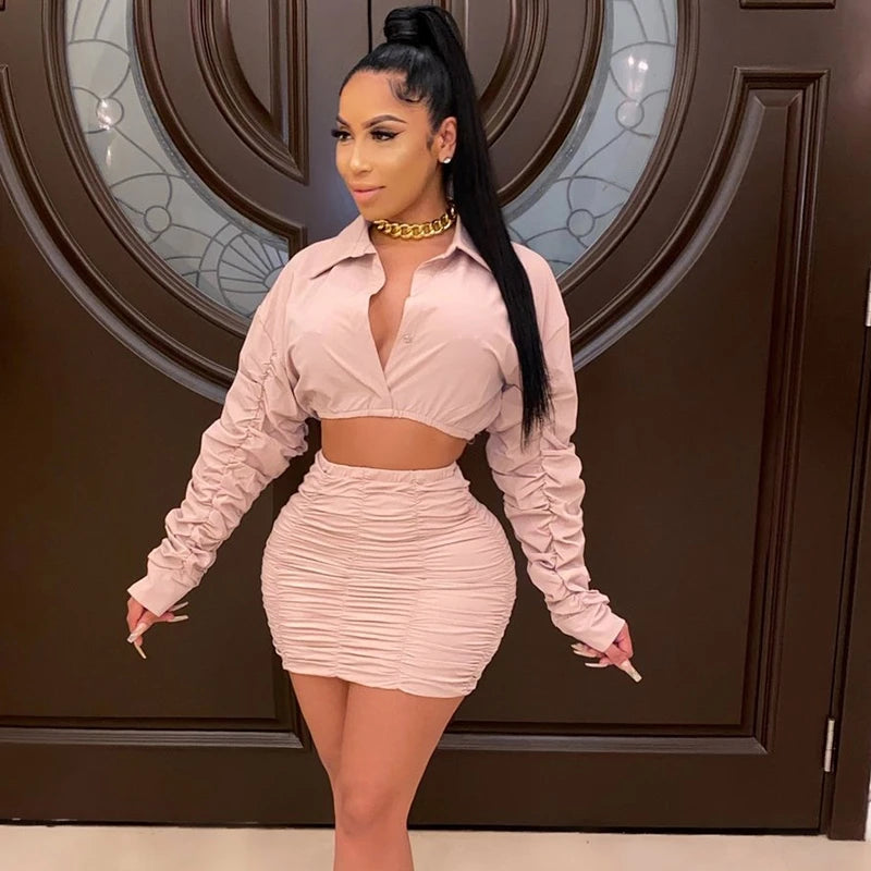 Ruched Sexy Two Piece Set Women Skirt and Top Fashion Mini Skirt Set for Women Party Club Elegant 2 Piece Sets Womens Outfits