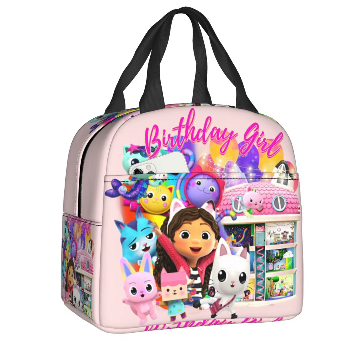 Custom Gabbys Dollhouse Portable Lunch Box Women Waterproof Cartoon Kitten Cats Thermal Cooler Food Insulated Lunch Bag