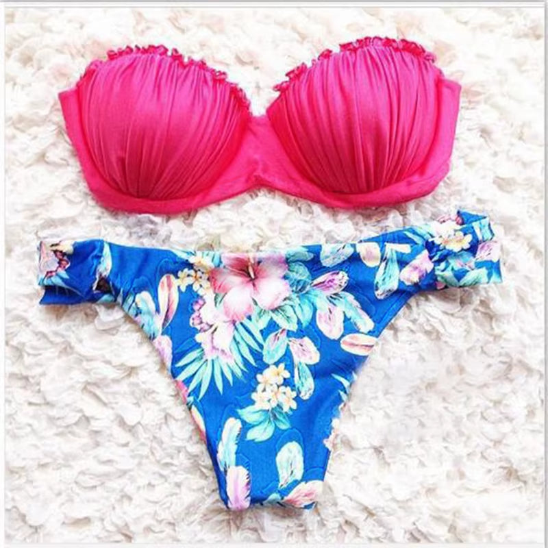 Women Swimsuit Frilled Textured Strapless Bikini Set Women'S Swimwear Padded Low Waist Ruffle Bandeau Bikini Short Swimming Suit