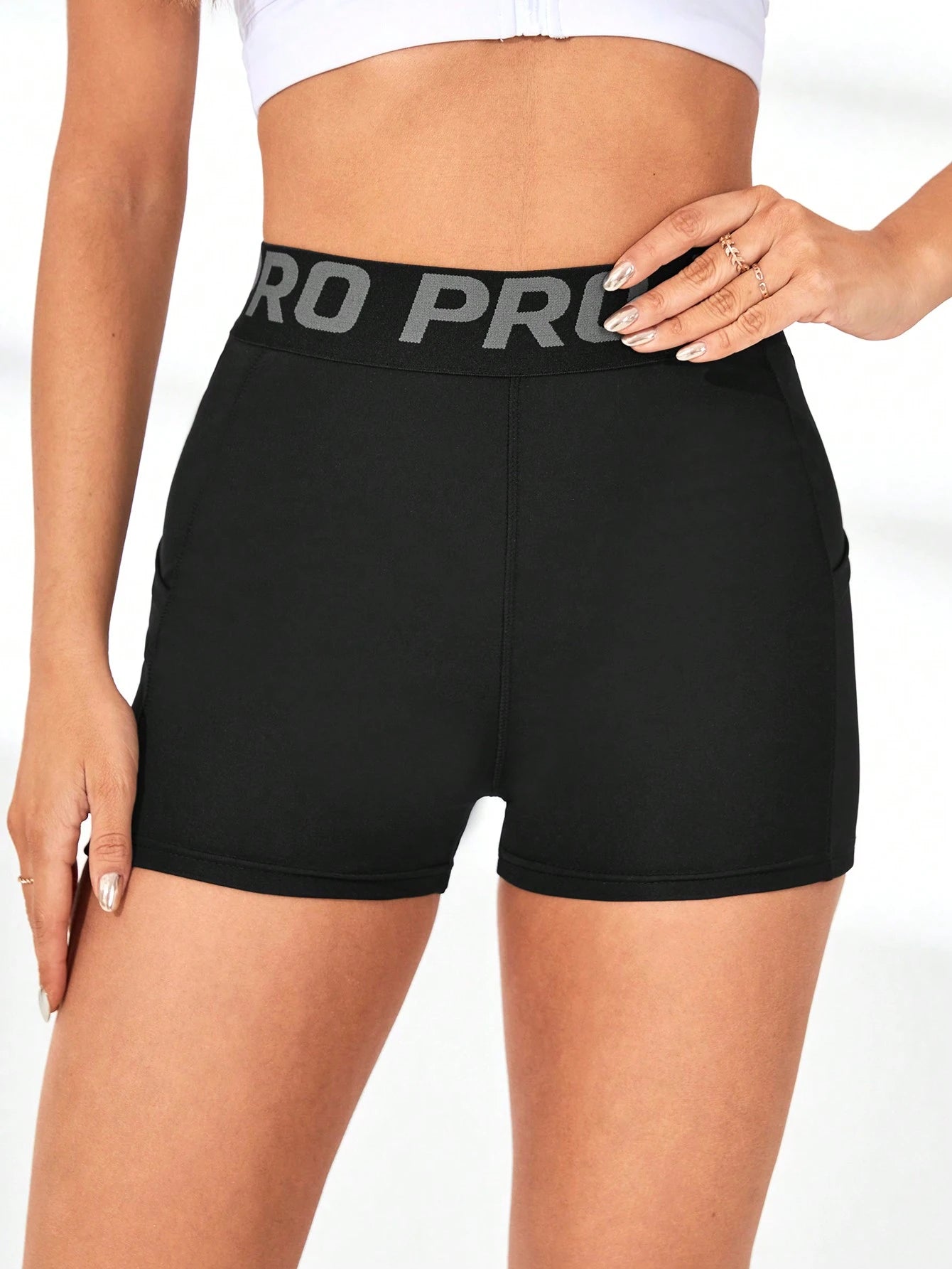 Easify  Sport High Waisted Slim Sport Shorts with Pockets and Letter Printed Drawstring for Women -Tummy Control Soft Butt Lifting Shorts for Running Cycling Yoga Pickleball Exercise Workout,Black