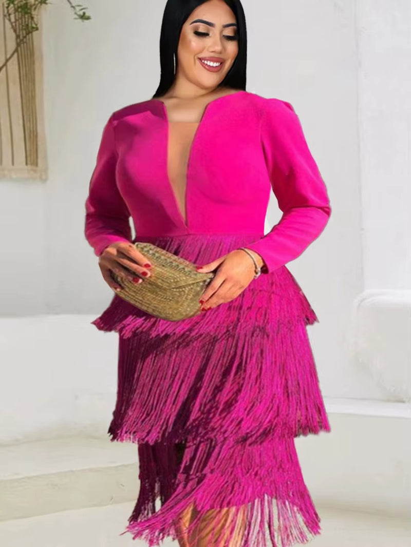 Office Ladies New Rose Red Fringe Sexy Dress Women's Spring Summer Fashion Knee Length Slim Party Night Dresses XXL Tassels