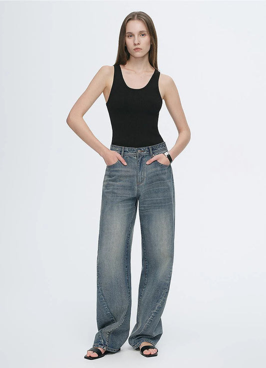 Vintage Heavy Cotton Polyester Blended Washed Comfortable Slim Front Curved Jeans