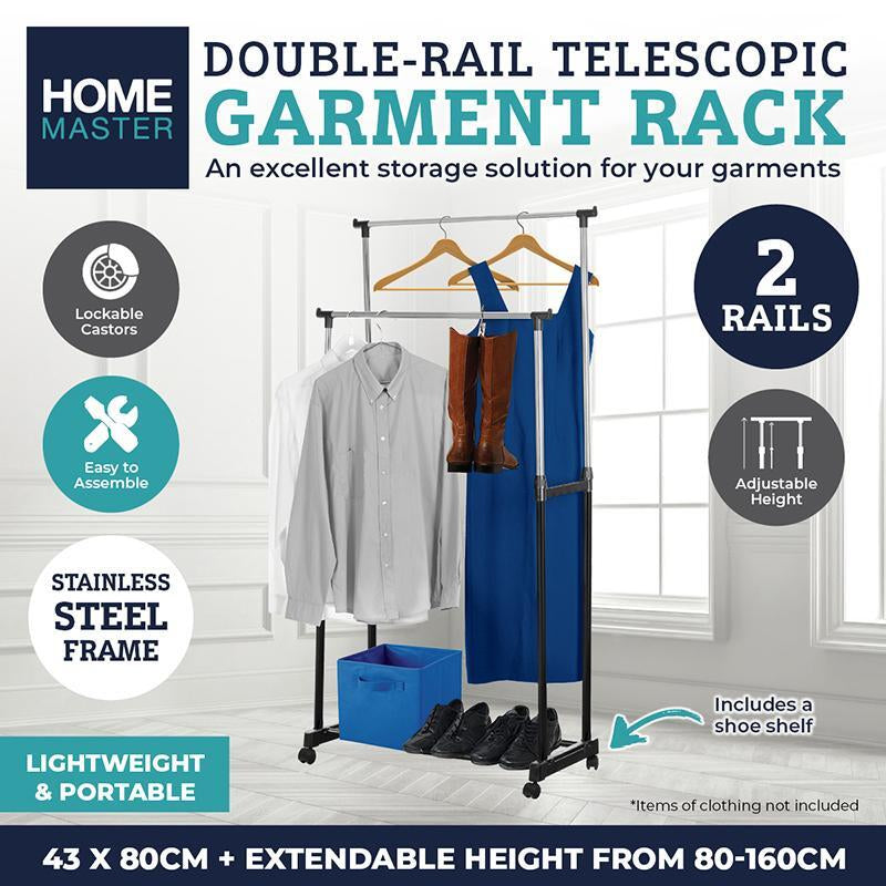 2 Tier Garment Rack Adjustable Height Lockable Castors 80-160Cm Home Master®