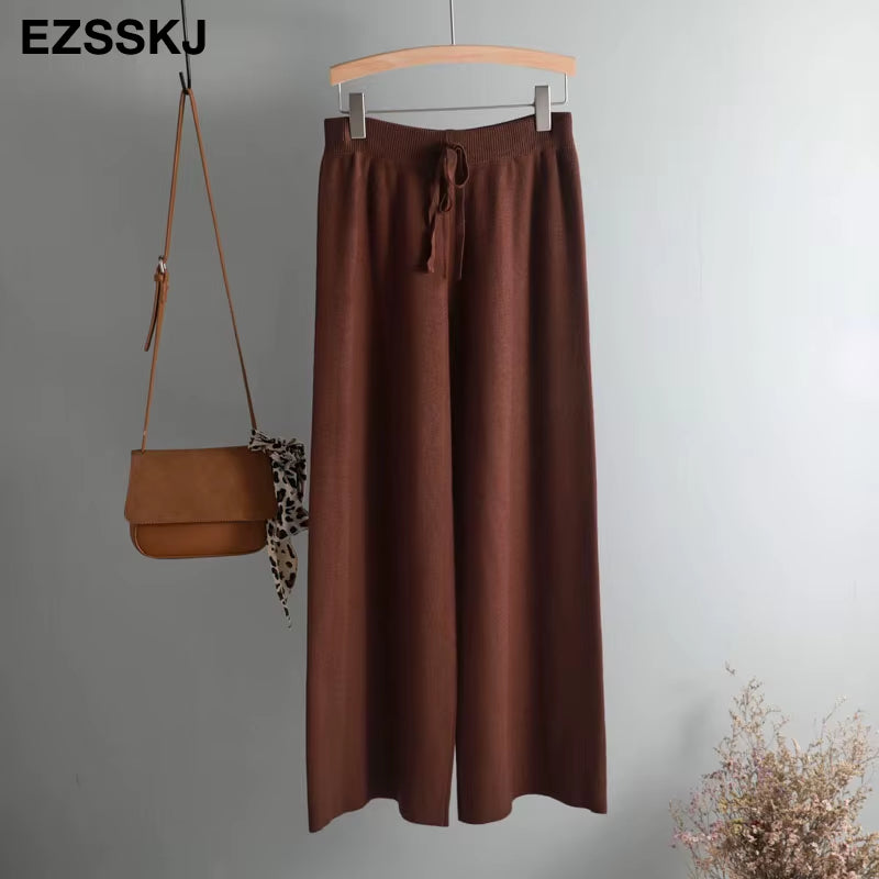 2020 Autumn Winter New THICK Casual Straight Pants Women Female Drawstring Loose Knitted Wide Leg Pants Casual Trousers