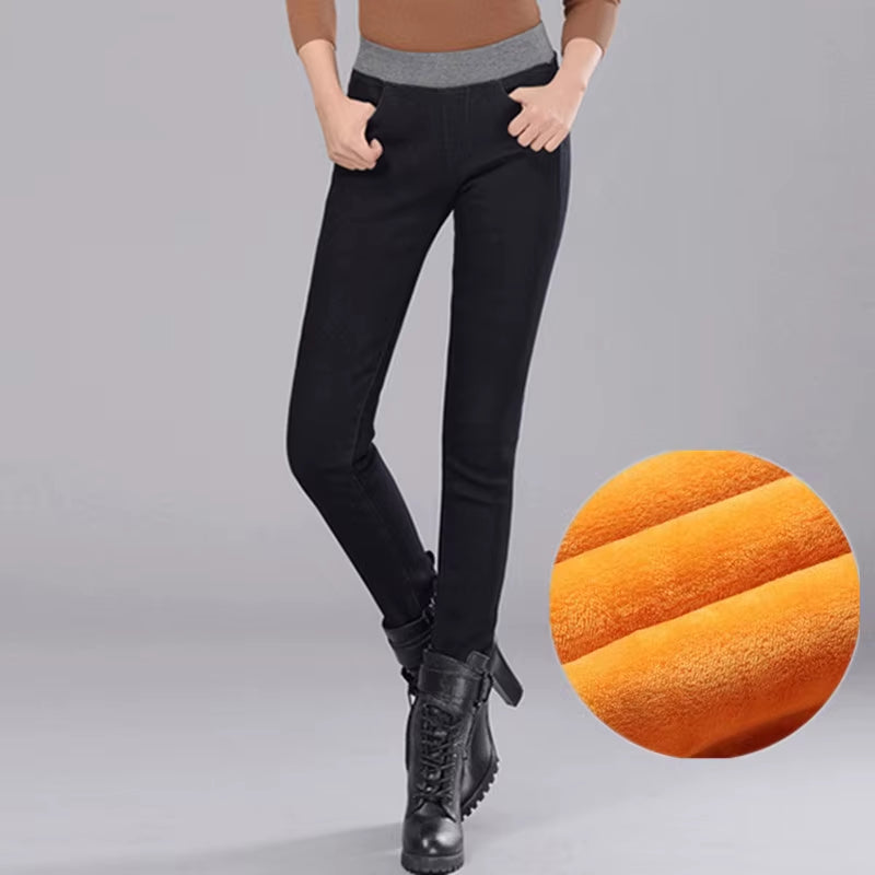 Winter Thick Velvet Fleece Warm Women Elastic High Waist Skinny Mom Jeans Stretch Female Denim Pencil Trousers 28-40