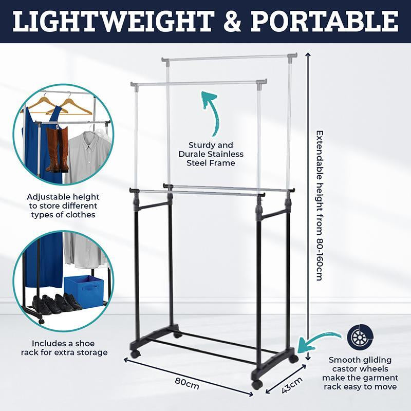 2 Tier Garment Rack Adjustable Height Lockable Castors 80-160Cm Home Master®