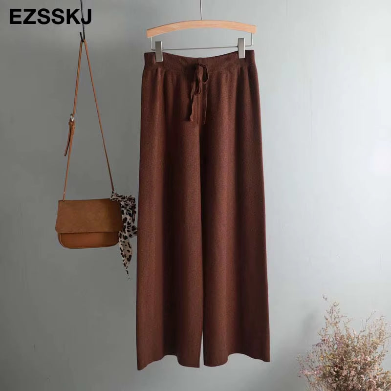 2020 Autumn Winter New THICK Casual Straight Pants Women Female Drawstring Loose Knitted Wide Leg Pants Casual Trousers