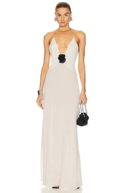 2024 New Style European American Cross-Border Long Dress Elegant Sexy V-Neck Spliced Open-Back Chiffon Dress for Women