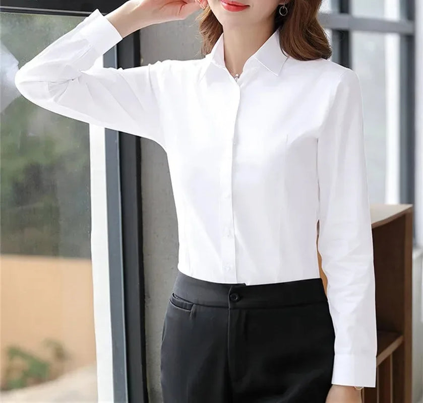 Elegant Women Shirts Woman White Shirt Long Sleeve Blouse Office Lady Business Pink Shirts Button Solid Women Work Blouses Tops