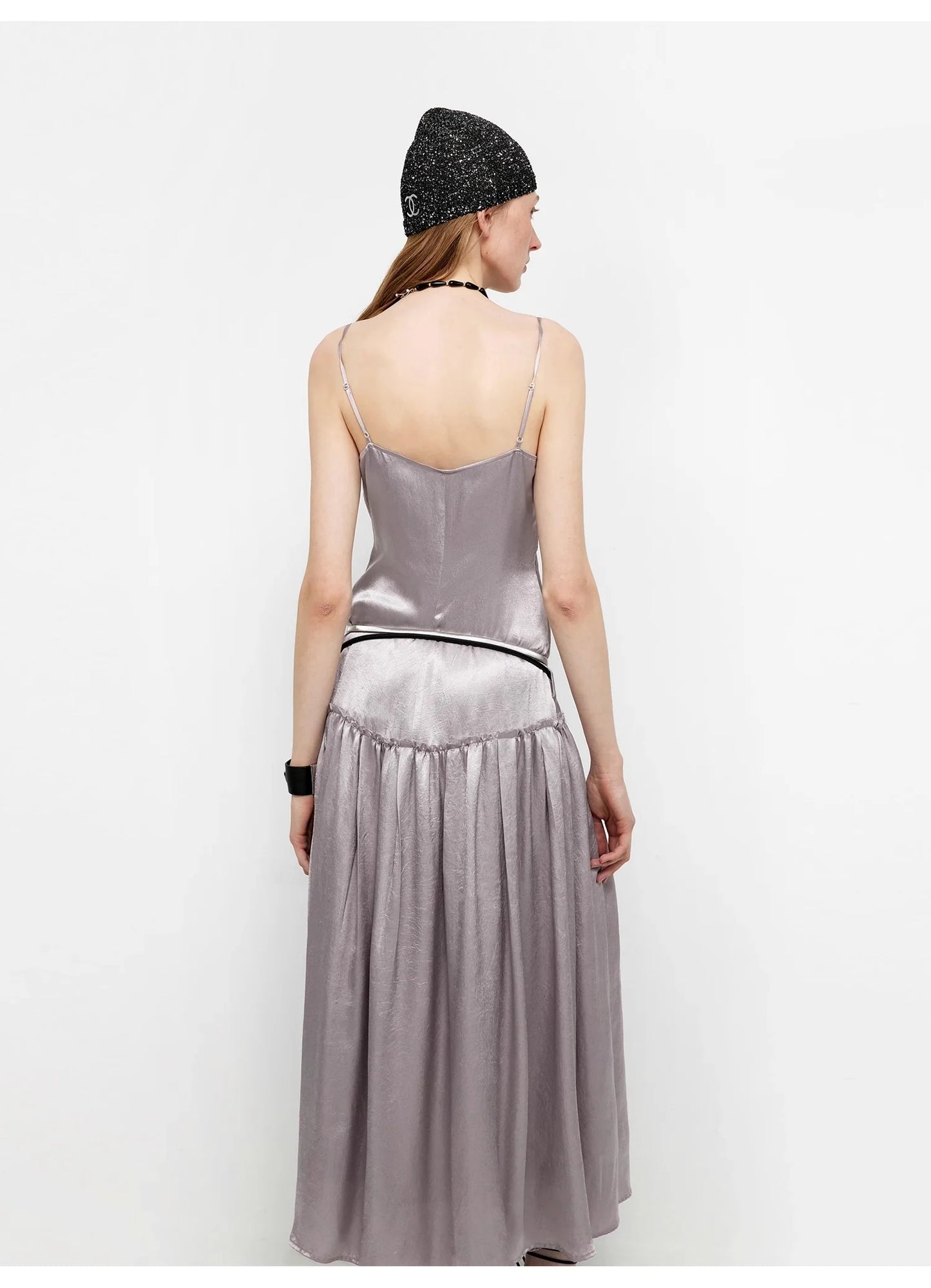 Luxurious and Light, Glossy and Silky 100% Acetate Low-Waisted Long Suspender Dress "Girls' Letterhead"