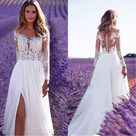 Women'S Sexy Party Dinner Dresses White Long-Sleeve Perspective Lace Wedding Slim High Waist Big Swing Ladies Long Dress