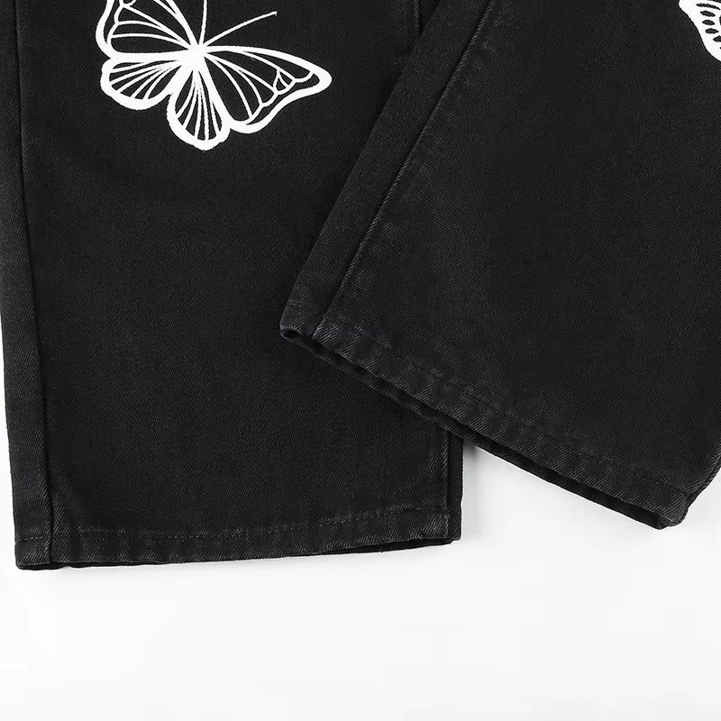 Black Baggy Jeans Women Butterfly Print Aesthetic Denim Pants Fashion High Waist Straight Long Trousers Ladies Streetwear 2021