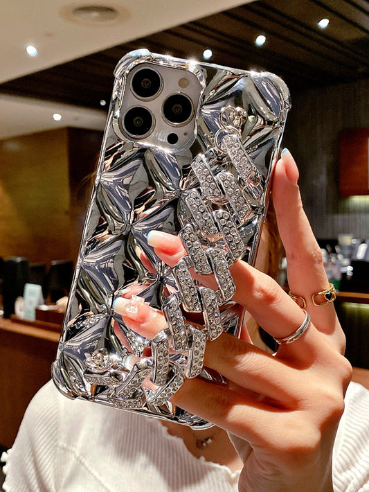 1Pc Electroplated Rhombus Rhinestone Clasp Bracelet, TPU Phone Case Compatible with Iphone11/12/13/14/15/15 Plus/15 Pro/15 Pro Max/16 16 Pro 16 Pro Max and Samsung