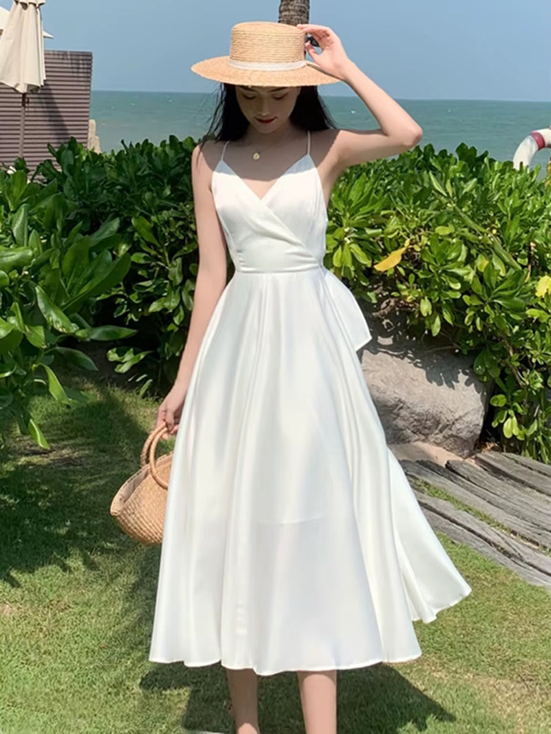Backless Bow Satin White Dresses for Women Long Vacation Beach Summer Dress 2025