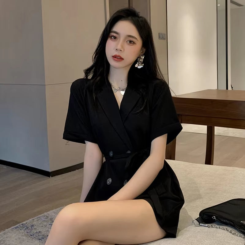 Playsuits Women Buttons High Waist Office Female Turn-Down Collar Korean Style Vintage Solid Streetwear Leisure Elegant Clothes