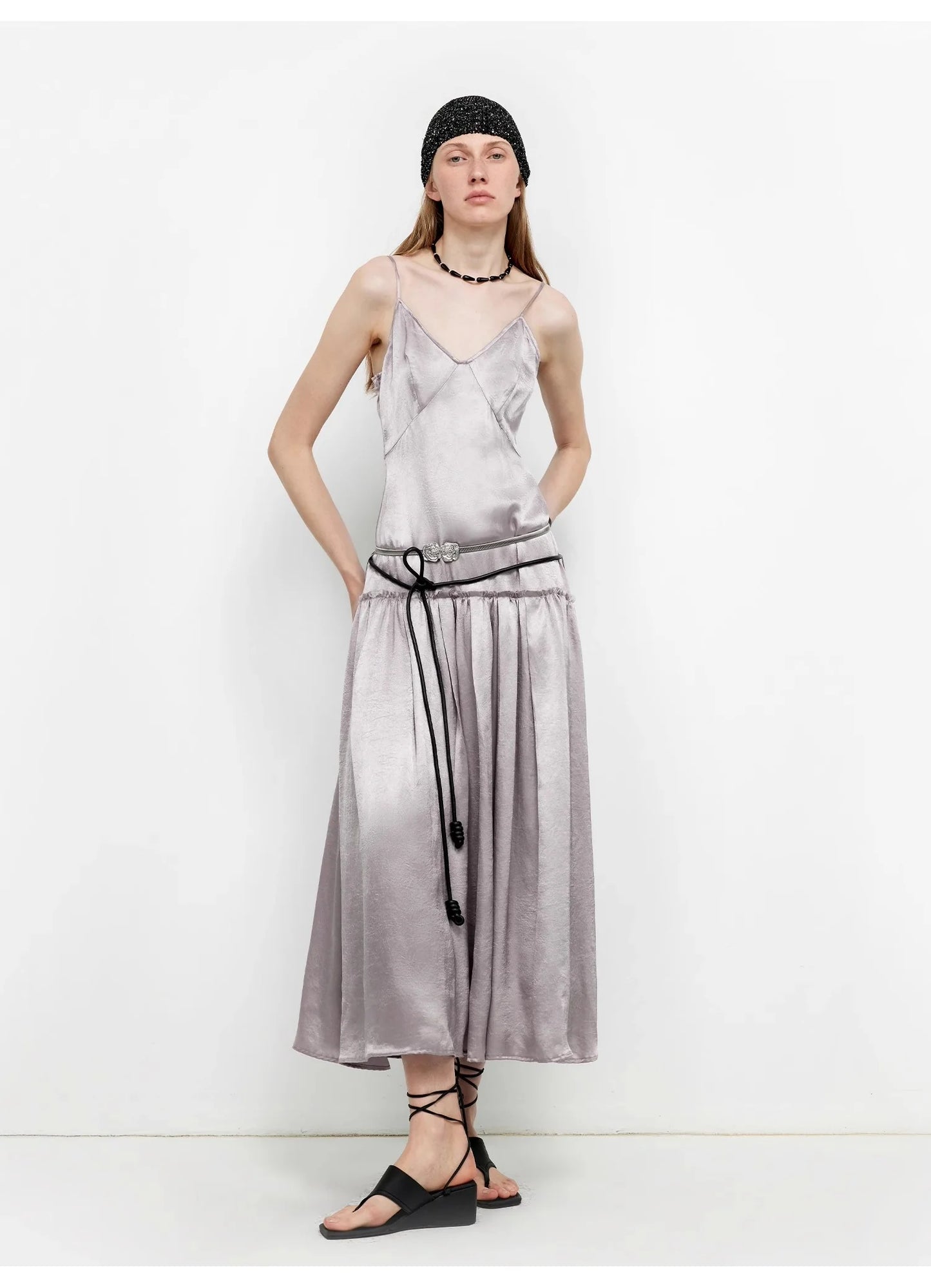 Luxurious and Light, Glossy and Silky 100% Acetate Low-Waisted Long Suspender Dress "Girls' Letterhead"