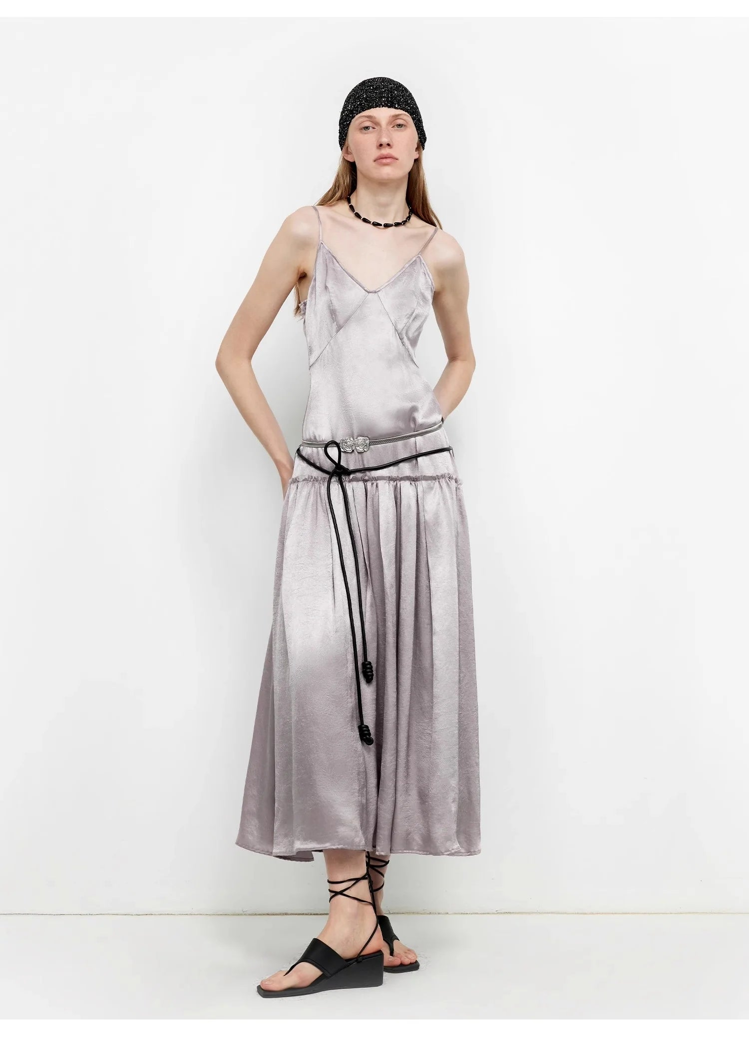 Luxurious and Light, Glossy and Silky 100% Acetate Low-Waisted Long Suspender Dress "Girls' Letterhead"