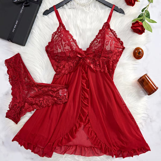 Transparent Red Sexy Lingerie Women'S Underwear See through Sleepwear Lace Nightdress and Panty Pijamas Sets Female Sexy Nighty
