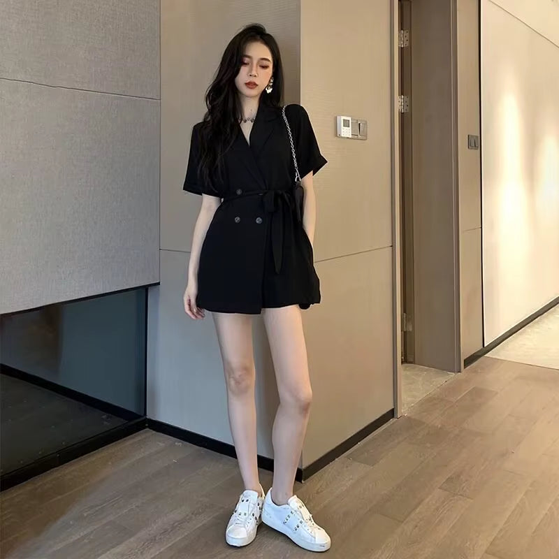 Playsuits Women Buttons High Waist Office Female Turn-Down Collar Korean Style Vintage Solid Streetwear Leisure Elegant Clothes