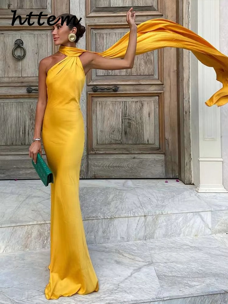 Elegant Ribbon Satin Long Party Dress Women Solid Sleeveless Backless Female Dresses 2025 Spring Summer Lady Chic Evening Gowns