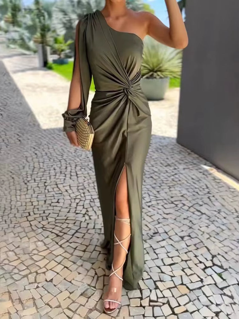 2024 Women One Shoulder Long Party Dress Spring Autumn Solid Full Sleeve Split Ladies Dresses Elegant Streetwear Dropshipping