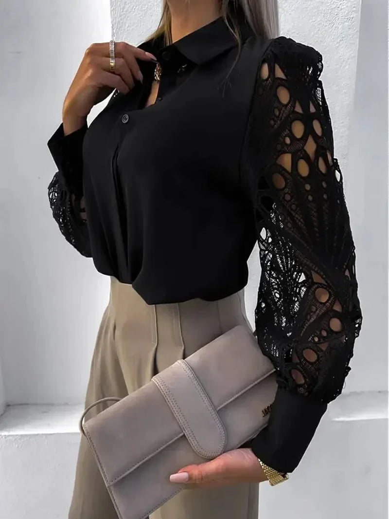 White Sexy Lace Hollow Out Women Blouse Autumn Spring Black Top Vintage Button up Shirts Long Sleeve Tops
