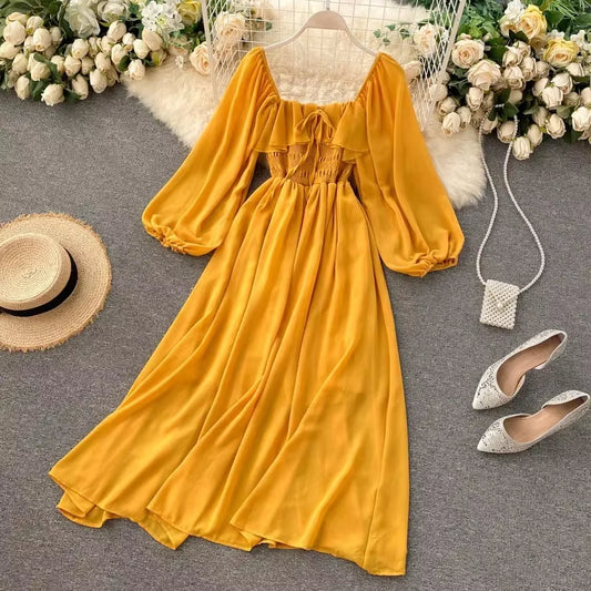 Chic Elegant Square Collar Maxi Dress Women Solid Chiffon Puff Sleeve Dresses 2025 Beach Party Robe Vintage Ruffle Vestidos Y2K