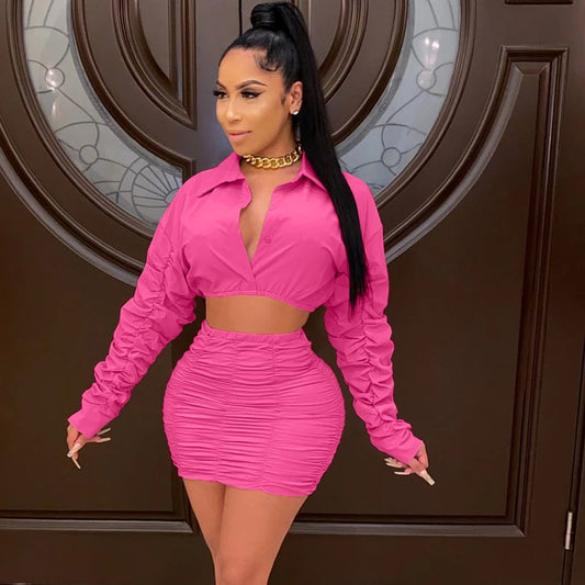 Ruched Sexy Two Piece Set Women Skirt and Top Fashion Mini Skirt Set for Women Party Club Elegant 2 Piece Sets Womens Outfits