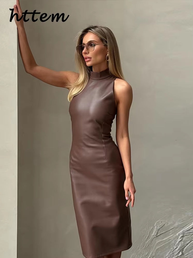 Vintage Midi Leather Dress Women Slim Turtleneck Sleeveless Hip Package Female Dresses 2025 Autumn Lady Elegant Party Vestidos