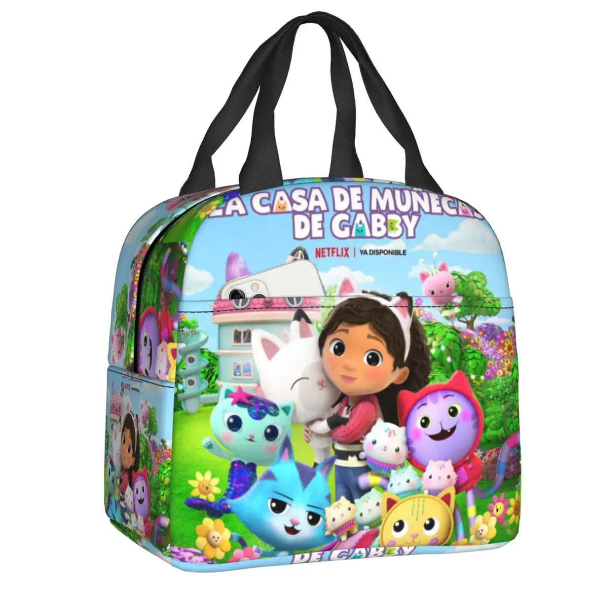 Custom Gabbys Dollhouse Portable Lunch Box Women Waterproof Cartoon Kitten Cats Thermal Cooler Food Insulated Lunch Bag