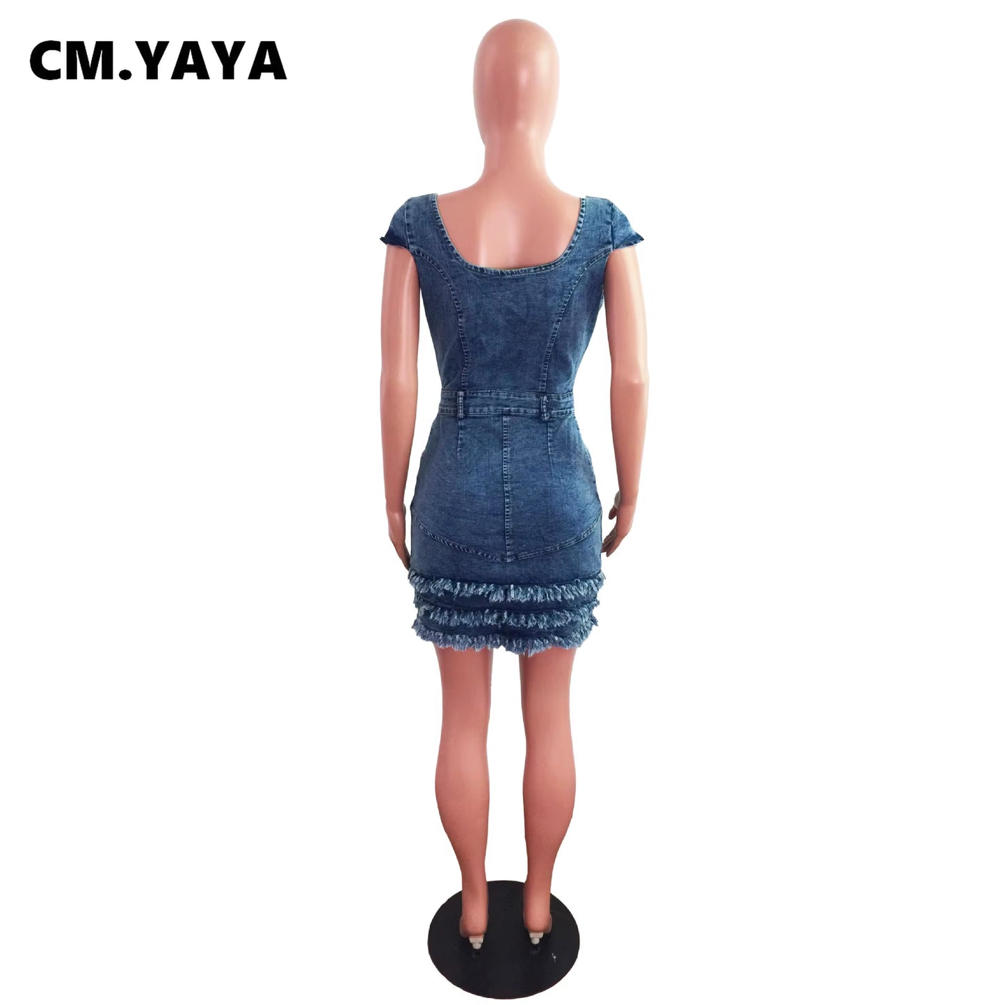 Women Denim Dress Tassel Solid Short Sleeve Square Collar Single Breasted Pockets A-Line Mini Dresses Sexy Outfit Summer