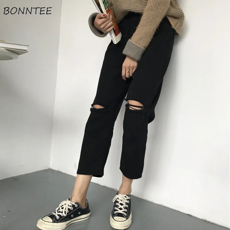Jeans Women Ripped Hole High Waist Zipper Fly Button Straight Ankle-Length Womens Trousers Basic Bottoms Black Jean Femme Chic