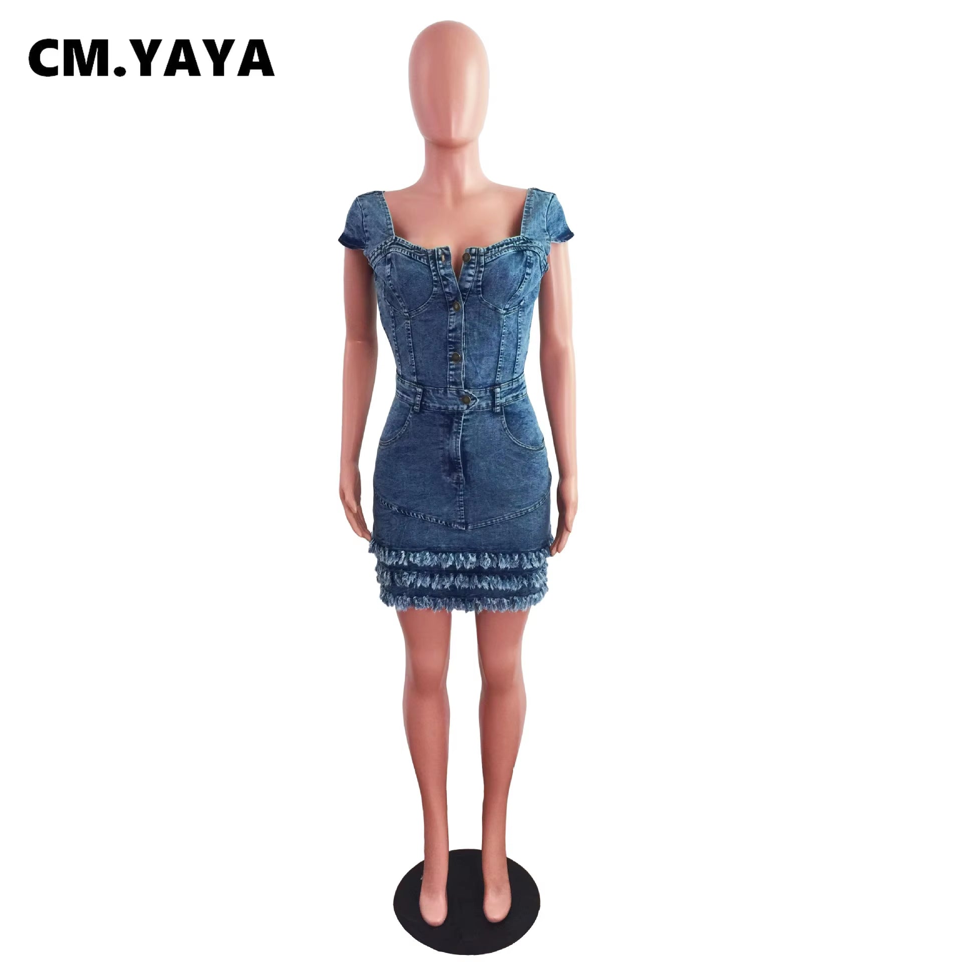 Women Denim Dress Tassel Solid Short Sleeve Square Collar Single Breasted Pockets A-Line Mini Dresses Sexy Outfit Summer