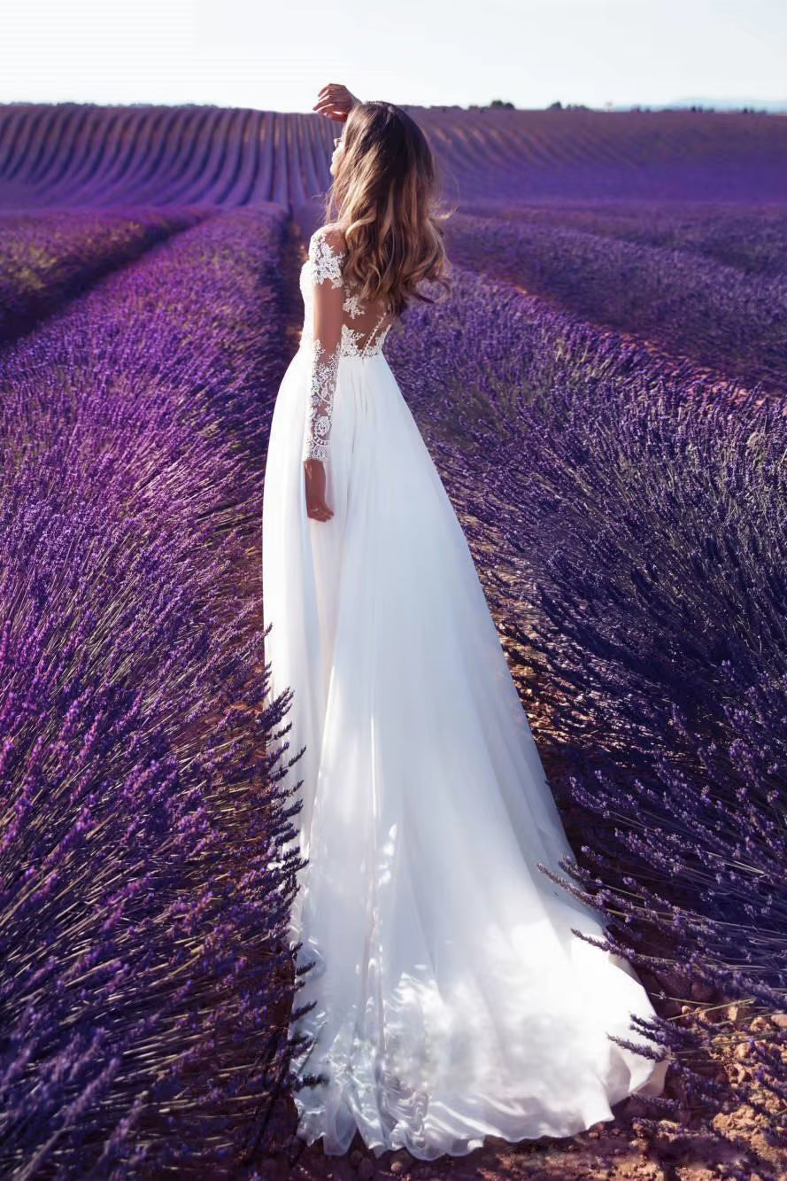 Women'S Sexy Party Dinner Dresses White Long-Sleeve Perspective Lace Wedding Slim High Waist Big Swing Ladies Long Dress