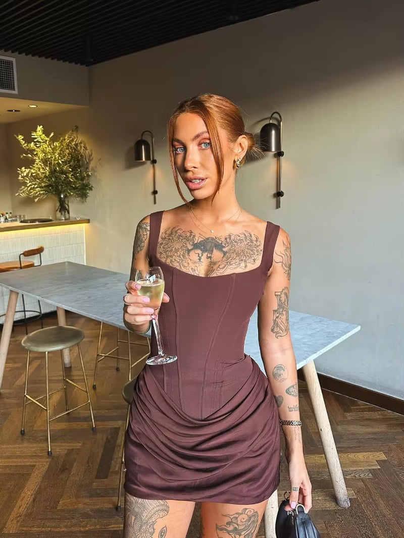 Women Sexy Square-Neck Halter Mini Dress Chic Pleated Sleeveless Backless High Waist Bodycon Dresses New Summer Lady Party Robes