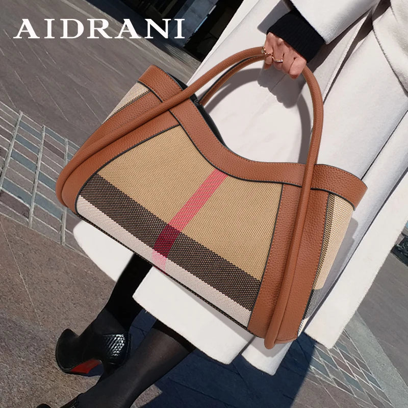 2025 New Retro Checkered Women'S Handbag, Large Capacity Luxury Bag, Canvas Genuine Leather Bag