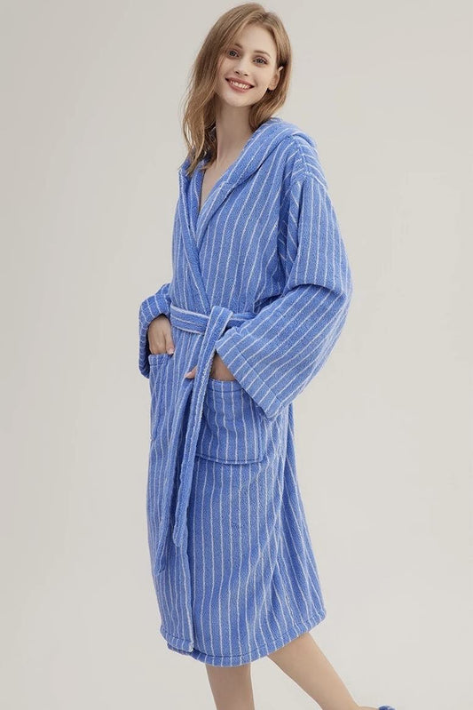 Blue Retro Hooded Stripe Bathrobe, 100% ORGANIC Long-Stapled Cotton