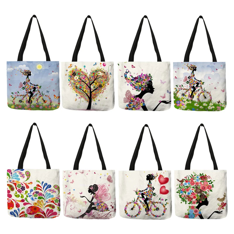 Wishing Girl Print Linen Reusable Shopping Bags Women Large Tote Bags 2020 Fashion Handbags with Customized Printed
