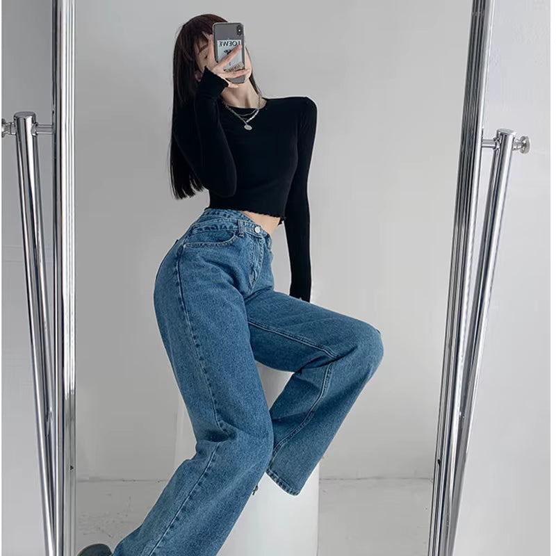 High Waist Blue Jeans Harajuku Korean Ulzzang Harajuku Denim Pants Wild Daily Casual Girl Loose Trouser Streetwear Jean Femme