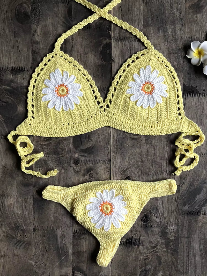 2019 New Fashion Beach Bikini Set Knitting Swimsuit Crochet Bohemia Style off Shoulder Bathing Handmade Sexy Bikini