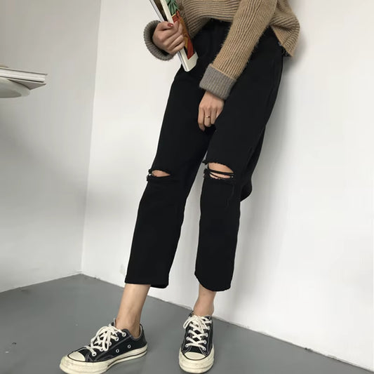 Jeans Women Ripped Hole High Waist Zipper Fly Button Straight Ankle-Length Womens Trousers Basic Bottoms Black Jean Femme Chic