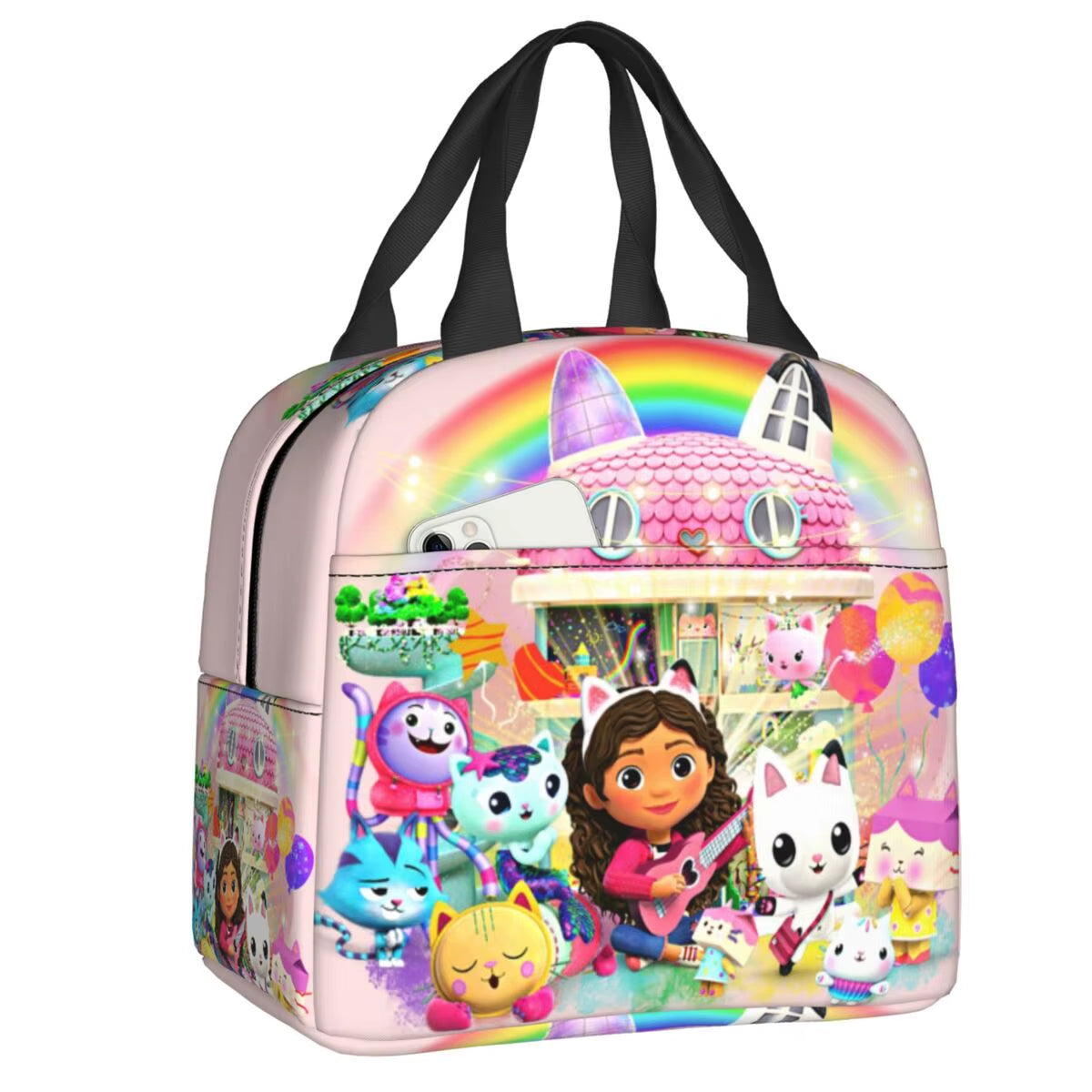 Custom Gabbys Dollhouse Portable Lunch Box Women Waterproof Cartoon Kitten Cats Thermal Cooler Food Insulated Lunch Bag