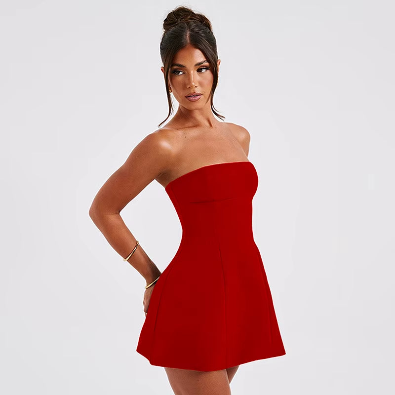 Sexy A-Line Dress Women'S Summer New Solid Sexy Sleeveless off Shoulder Bodycon Dresses Fashion Elegant Club Party Lady Dresses