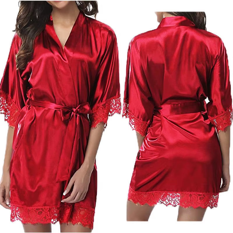 Women Ice Silk Pajamas Robes Sleepwear Nightgowns Nightdress Red Black L XL Lace Smooth Soft Comfortable Casual Pure Color