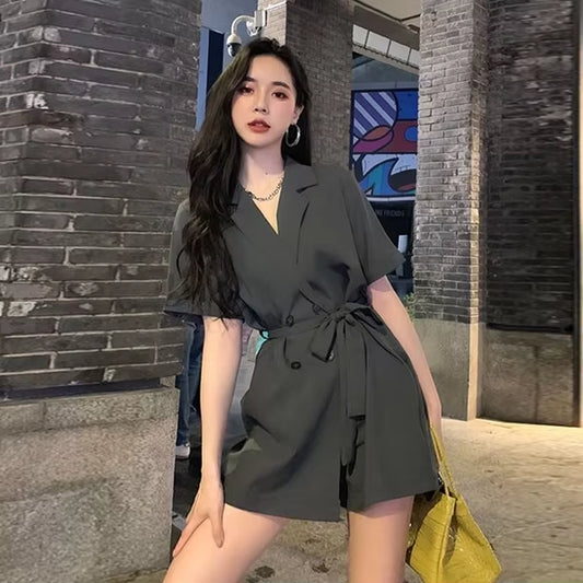 Playsuits Women Buttons High Waist Office Female Turn-Down Collar Korean Style Vintage Solid Streetwear Leisure Elegant Clothes