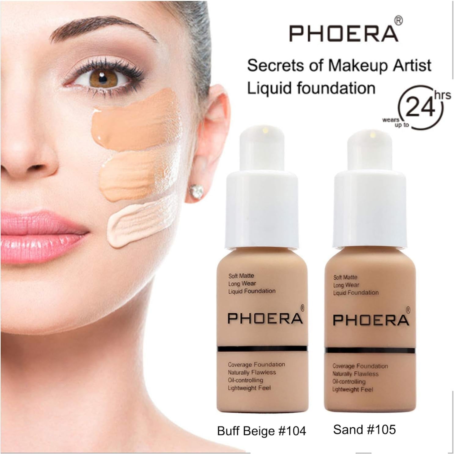 2 Pcs Liquid Foundation Full Coverage 24HR 30Ml Matte Oil Control Foundation Makeup Concealer (Buff Beige & Sand) with Kabuki Foundation Brush Flat Top