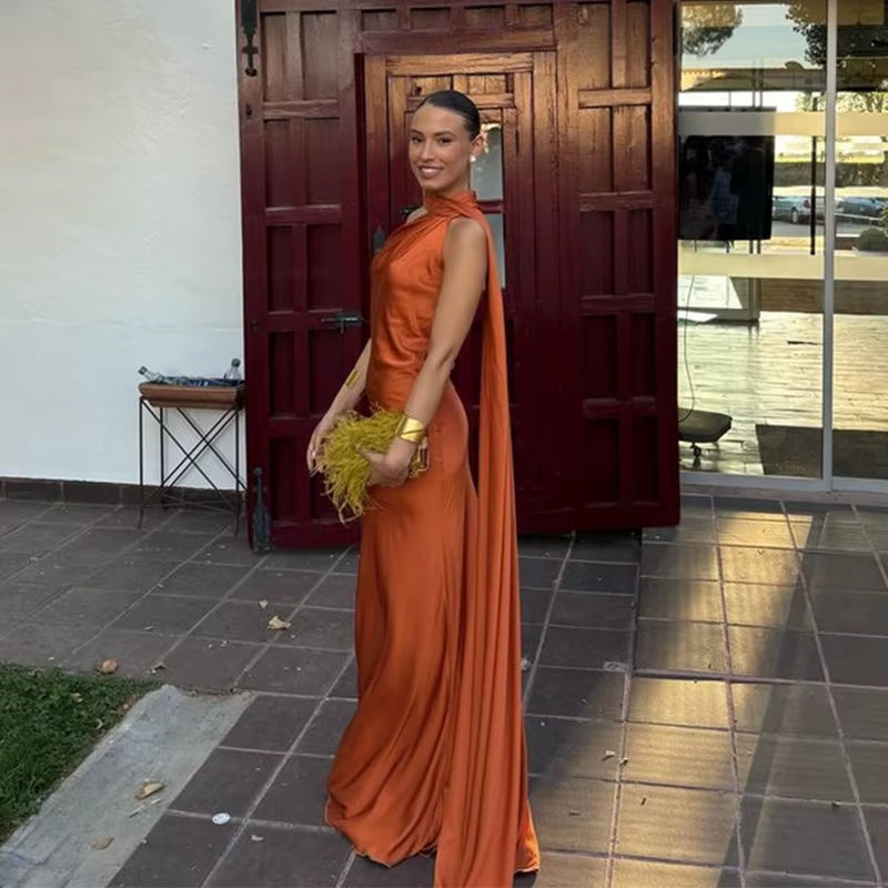 Elegant Ribbon Satin Long Party Dress Women Solid Sleeveless Backless Female Dresses 2025 Spring Summer Lady Chic Evening Gowns